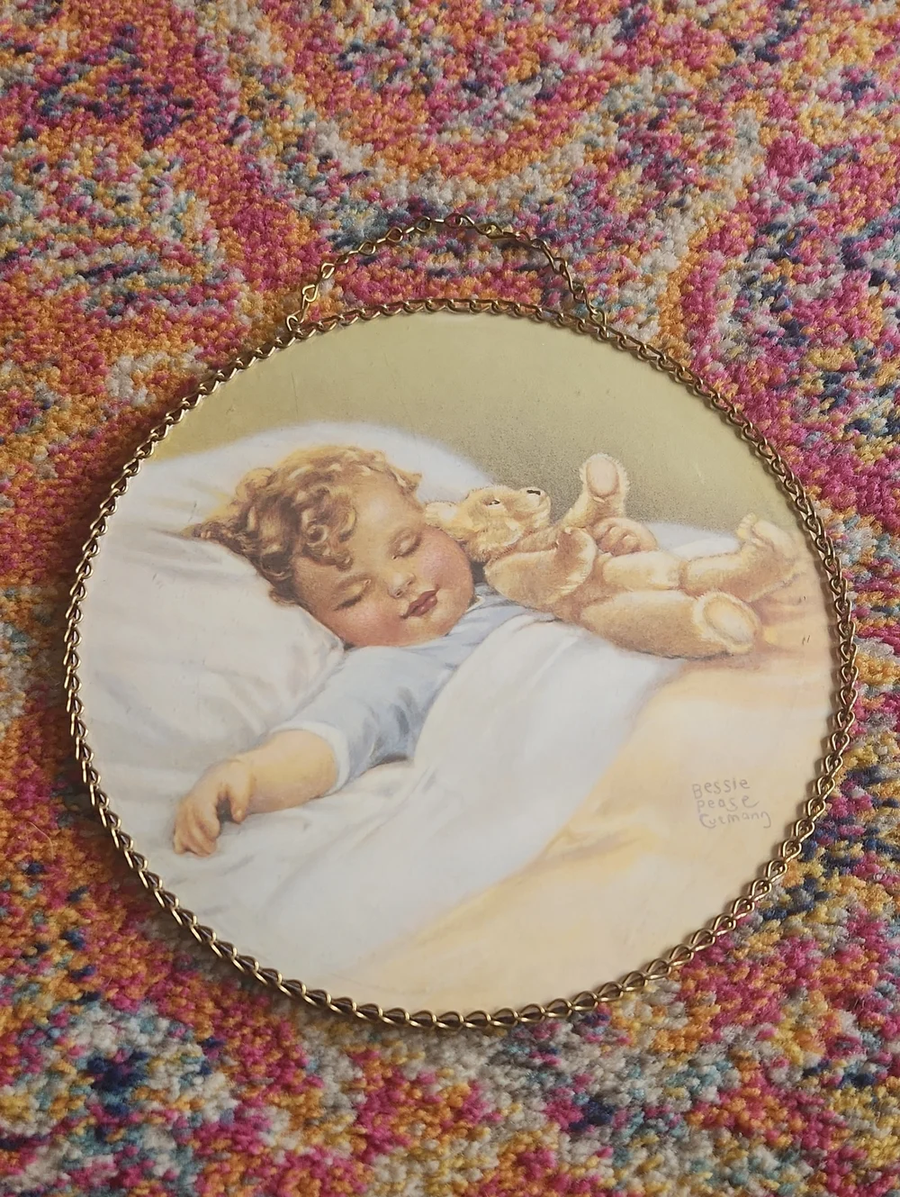 Sleeping Baby Wall Plaque with Teddy - Vintage Illustration
